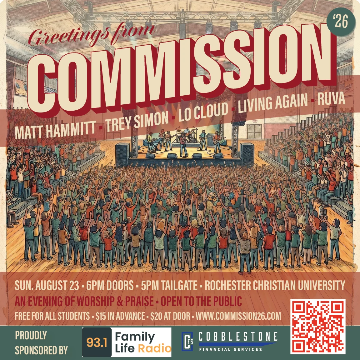 COMMISSION '26 — An Evening of Worship & Praise — Open to the Public. Featuring Matt Hammitt, Trey Simon, Lo Cloud, Living Again, Ruva. Sunday, August 23, 2026, 6:00 PM Doors, 5:00 PM Tailgate, at Rochester Christian University, Rochester Hills, MI. Free for all students · $15 in advance · $20 at the door.